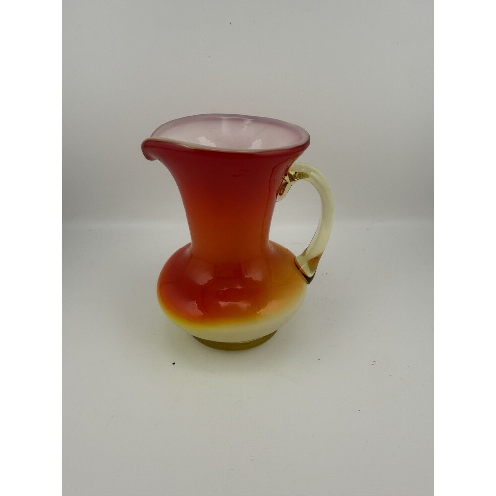 Vtg MCM Kanawha Red Orange Yellow Glass Ruffled Pitcher White Inside with Handle